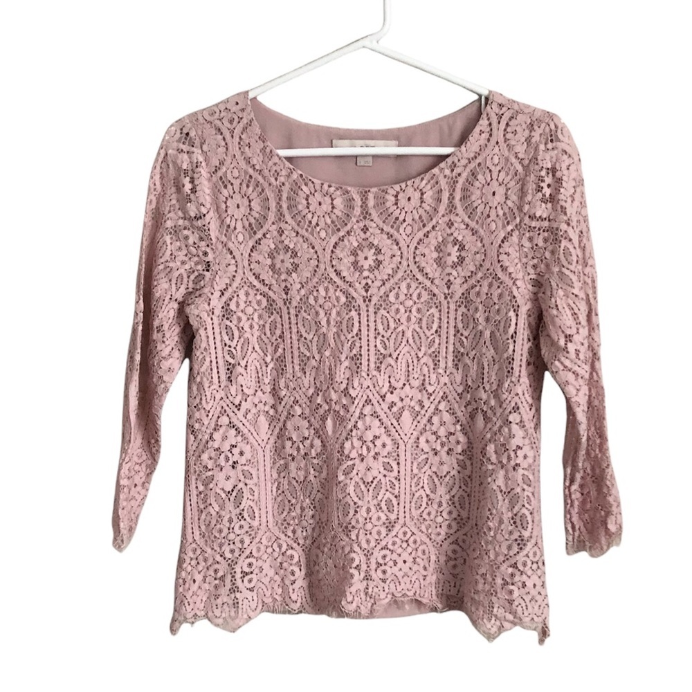 Loft Pink Lace 3/4 Sleeve Blouse Double Layer Work Top Feminine Career Small